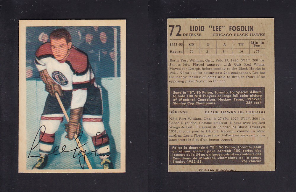 1953-54 PARKHURST HOCKEY CARD #72 L. FOGOLIN photo