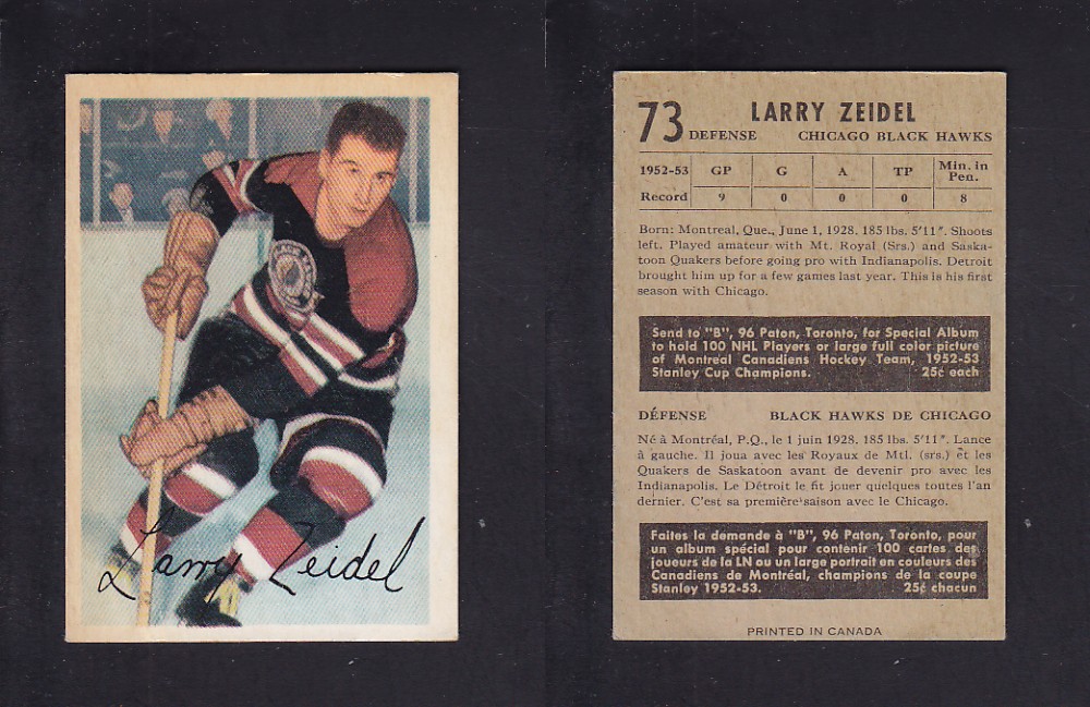 1953-54 PARKHURST HOCKEY CARD #73 L. ZEIDEL photo