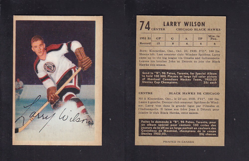 1953-54 PARKHURST HOCKEY CARD #74 L. WILSON photo