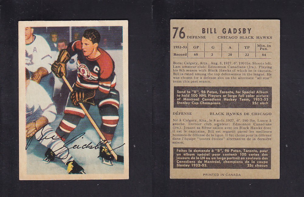 1953-54 PARKHURST HOCKEY CARD #76 B. GADSBY photo