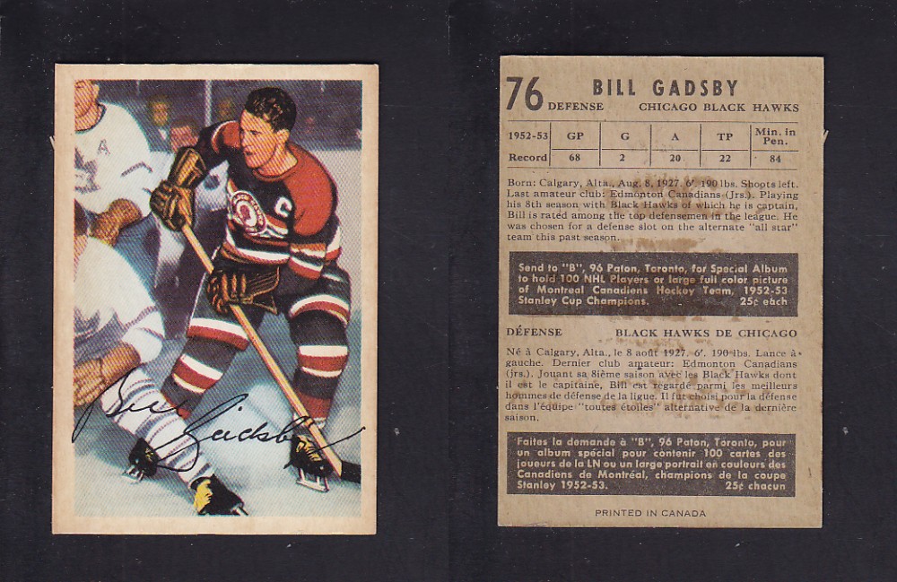 1953-54 PARKHURST HOCKEY CARD #76 B. GADSBY photo