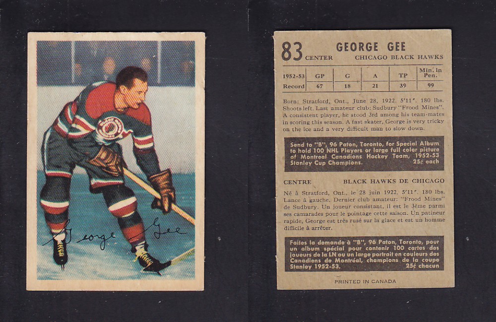 1953-54 PARKHURST HOCKEY CARD #83 G. GEE photo