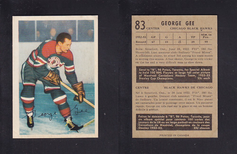 1953-54 PARKHURST HOCKEY CARD #83 G. GEE photo