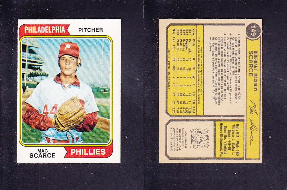 1974 O-PEE-CHEE BASEBALL CARD #149 M. SCARCE photo