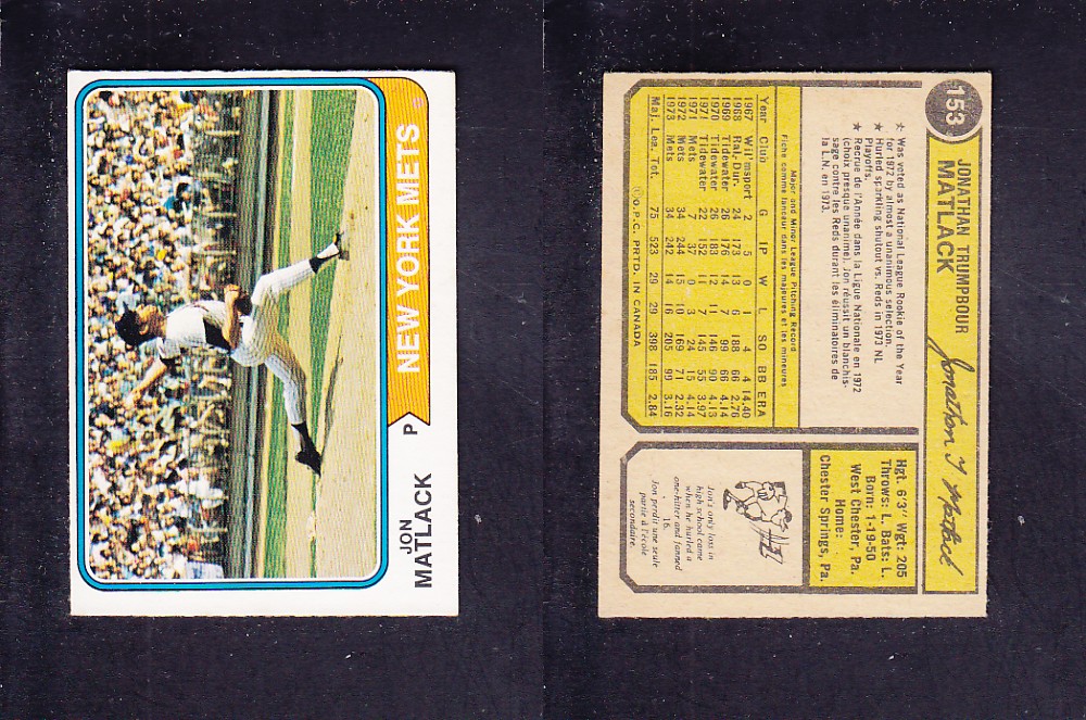 1974 O-PEE-CHEE BASEBALL CARD #153 J. MATLACK photo