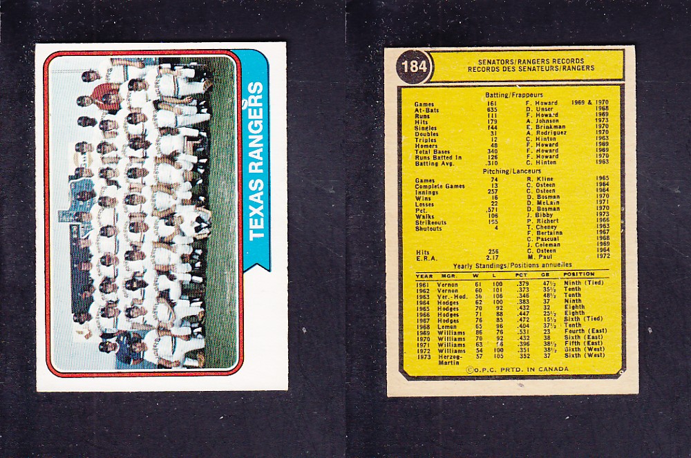 1974 O-PEE-CHEE BASEBALL CARD #184 TEXAS RANGERS photo