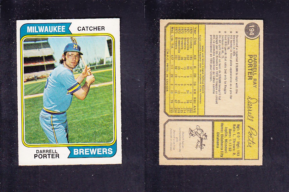 1974 O-PEE-CHEE BASEBALL CARD #194 D. PORTER photo