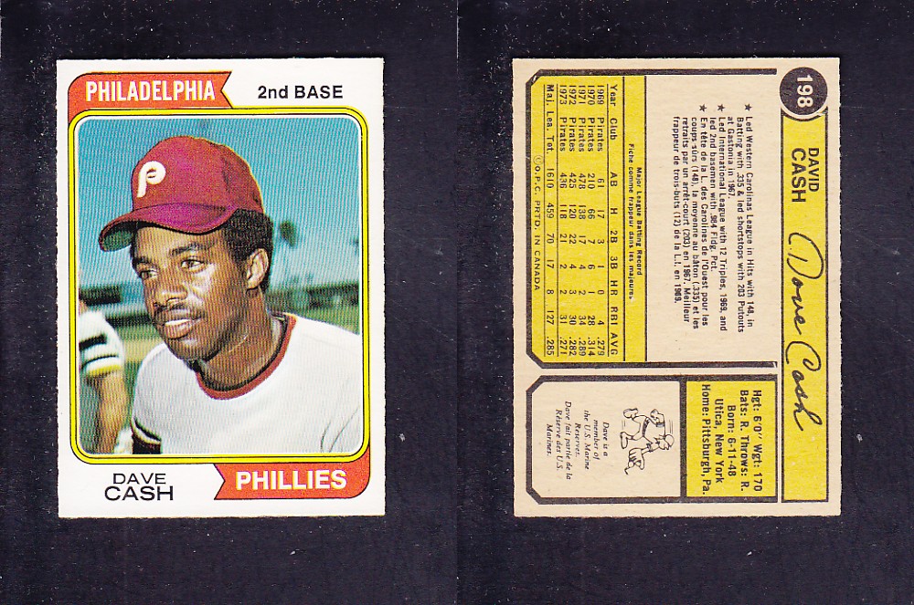 1974 O-PEE-CHEE BASEBALL CARD #198 D. CASH photo