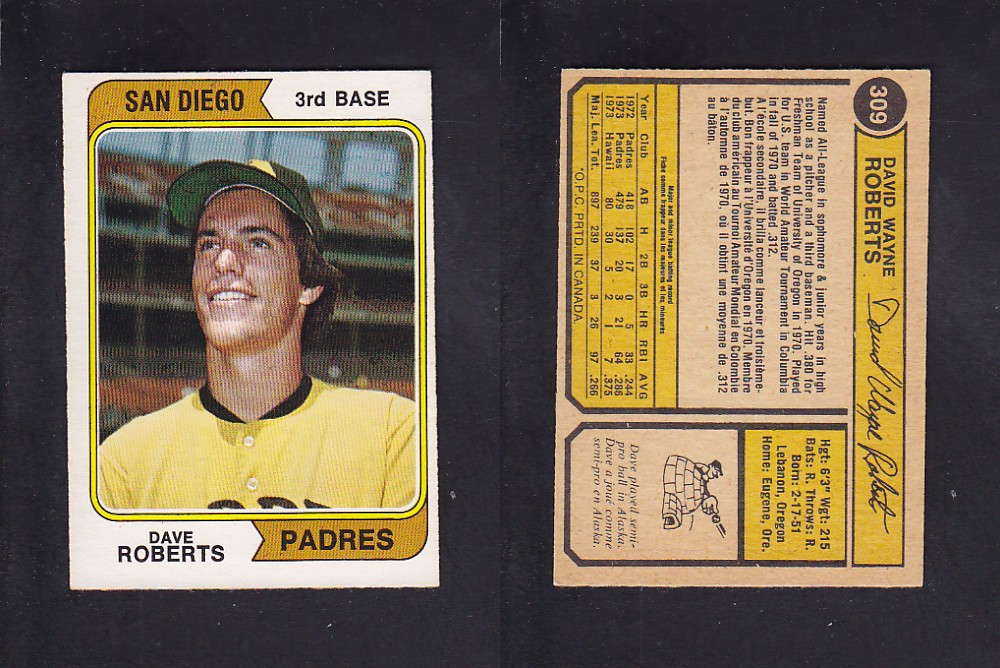 1974 O-PEE-CHEE BASEBALL CARD #309 D. ROBERTS photo