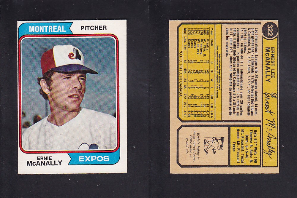 1974 O-PEE-CHEE BASEBALL CARD #322 E. MCANALLY photo