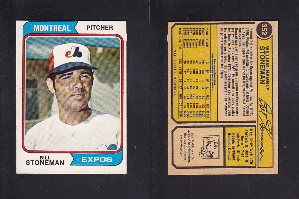 1974 O-PEE-CHEE BASEBALL CARD #352 B. STONEMAN photo