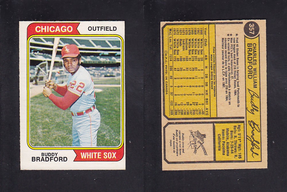 1974 O-PEE-CHEE BASEBALL CARD #357 B. BRADFORD photo