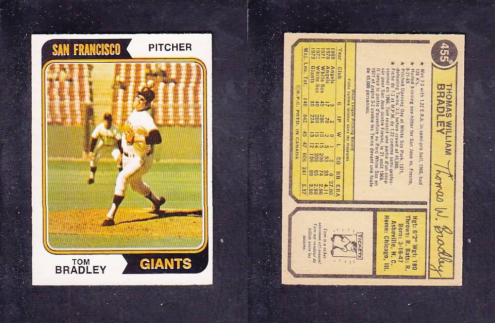 1974 O-PEE-CHEE BASEBALL CARD #455 T. BRADLEY photo