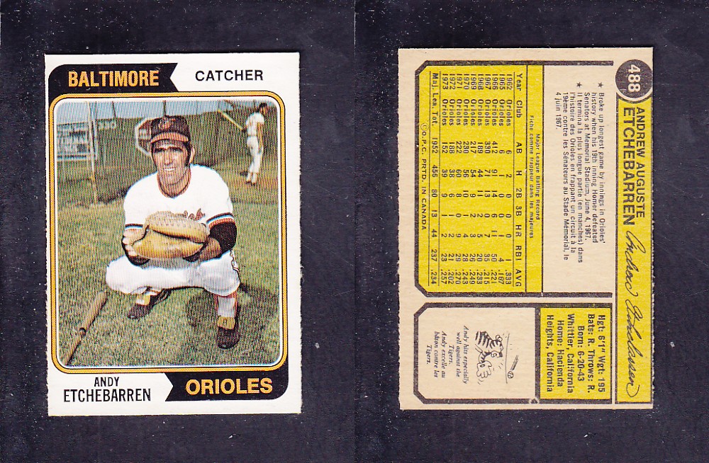1974 O-PEE-CHEE BASEBALL CARD #488 A. ETCHEBARREN photo