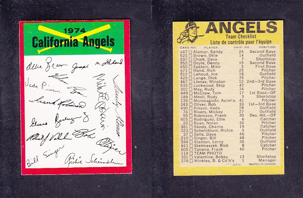 1974 O-PEE-CHEE BASEBALL CARD TEAM CHECKLIST CALIFORNIA ANGELS photo