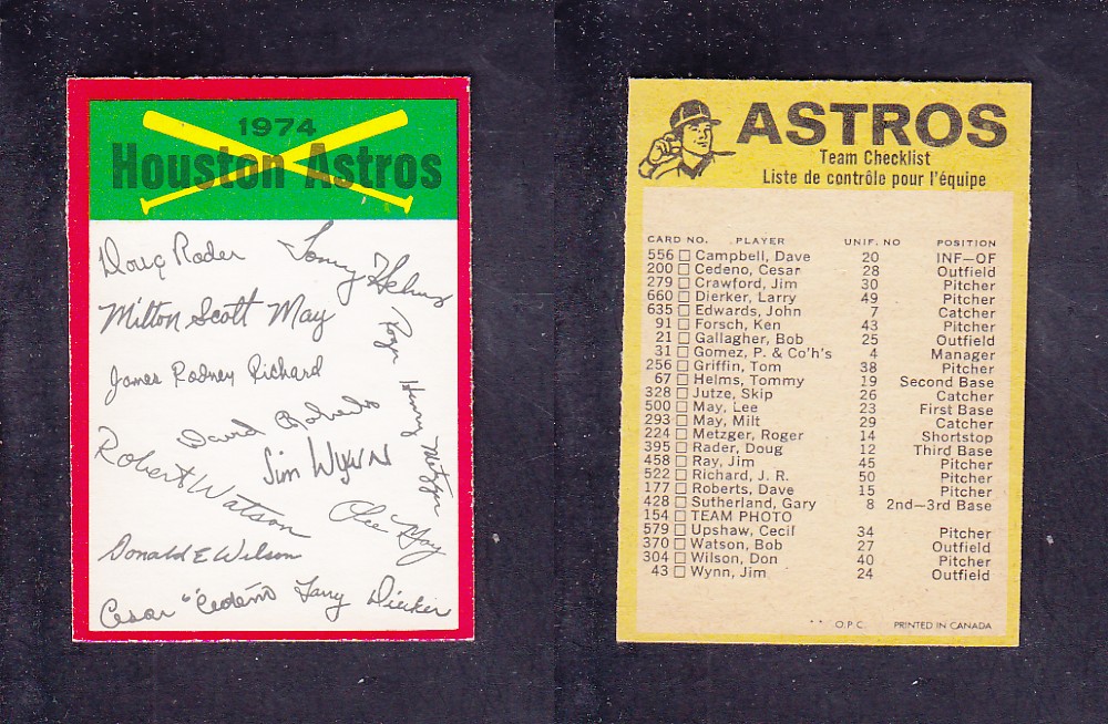 1974 O-PEE-CHEE BASEBALL CARD TEAM CHECKLIST HOUSTON ASTROS photo