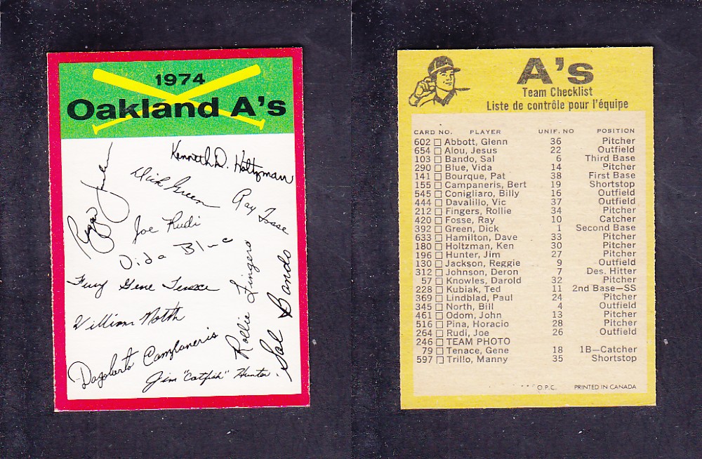 1974 O-PEE-CHEE BASEBALL CARD TEAM CHECKLIST OAKLAND A'S photo