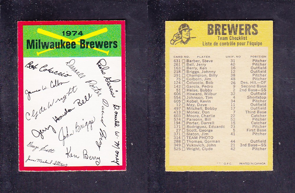 1974 O-PEE-CHEE BASEBALL CARD TEAM CHECKLIST MILWAUKEE BREWERS photo