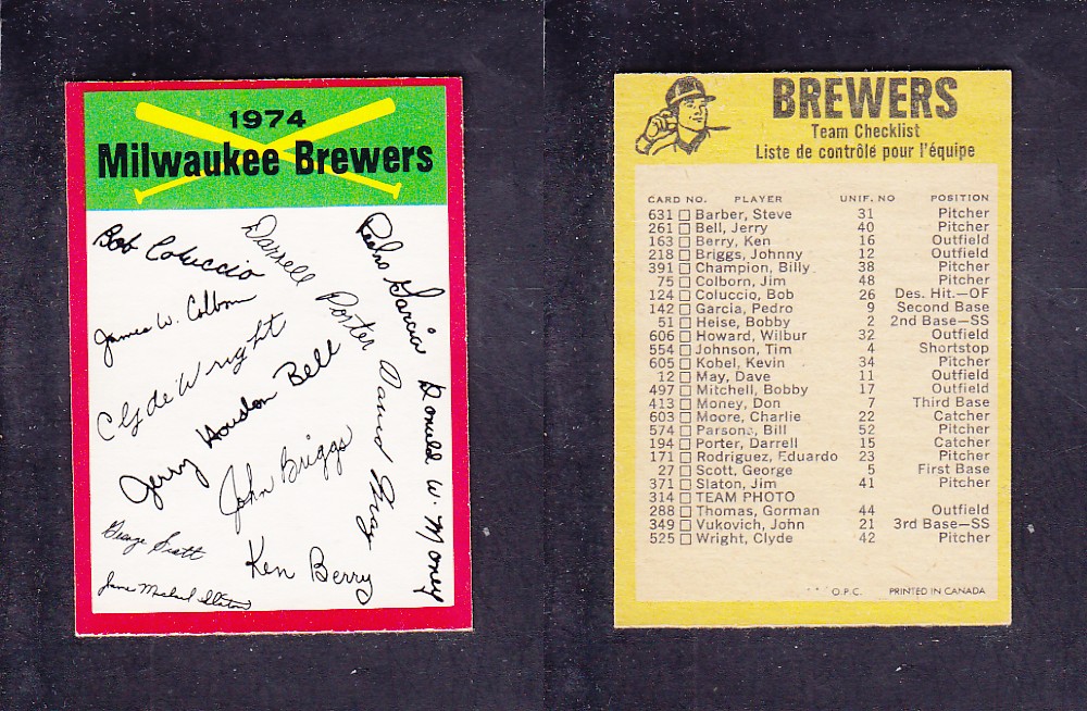 1974 O-PEE-CHEE BASEBALL CARD TEAM CHECKLIST MILWAUKEE BREWERS photo