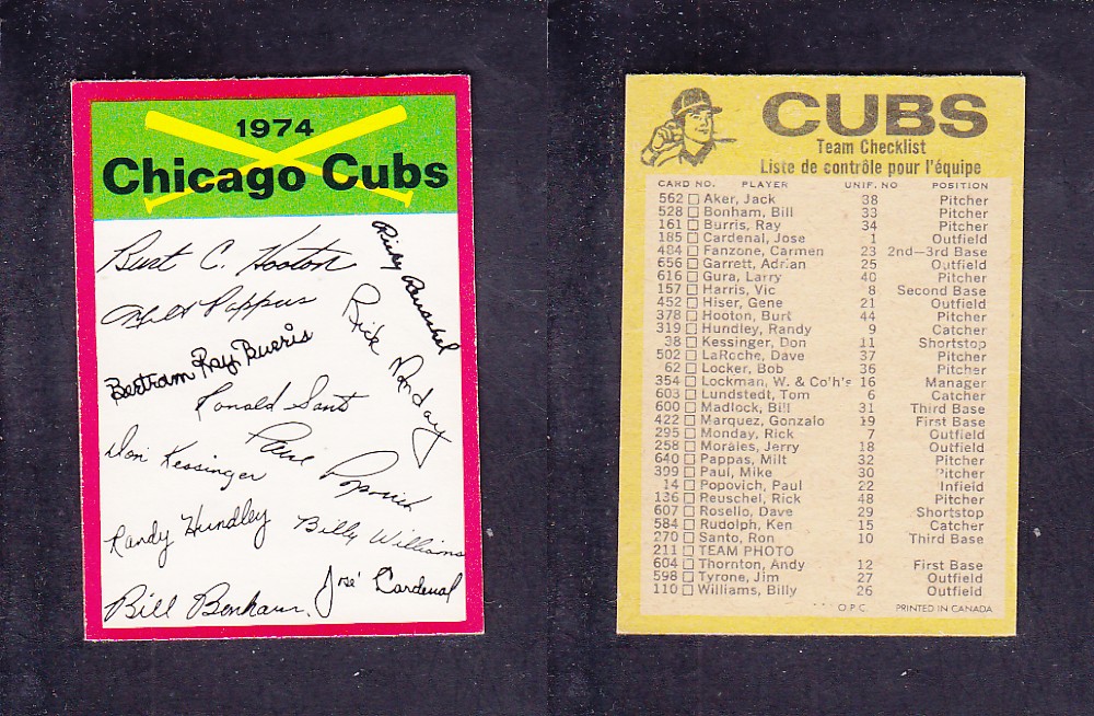 1974 O-PEE-CHEE BASEBALL CARD TEAM CHECKLIST CHICAGO CUBS photo