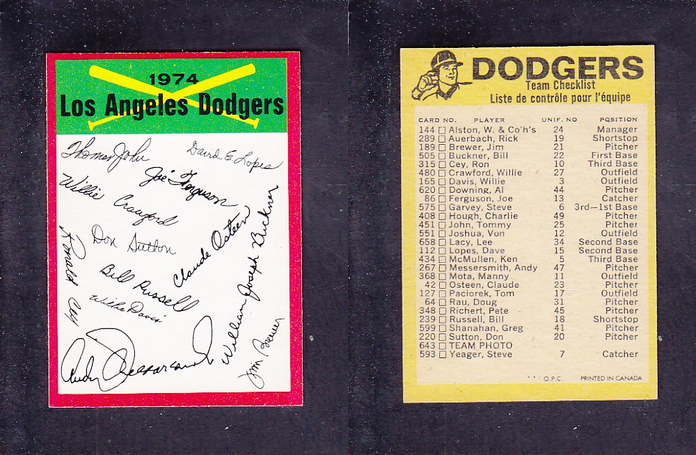 1974 O-PEE-CHEE BASEBALL CARD TEAM CHECKLIST LOS ANGELES DODGERS photo