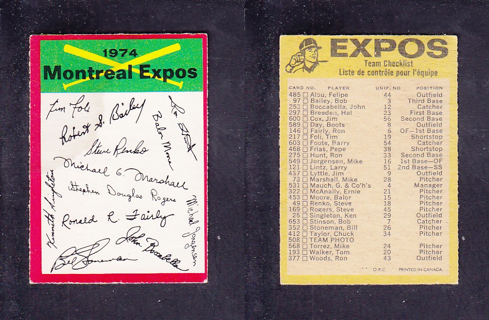 1974 O-PEE-CHEE BASEBALL CARD TEAM CHECKLIST MONTREAL EXPOS photo