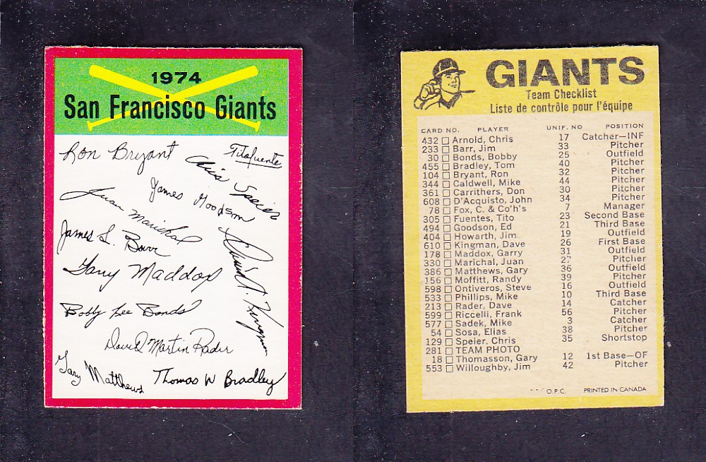 1974 O-PEE-CHEE BASEBALL CARD TEAM CHECKLIST SAN FRANCISCO GIANTS photo