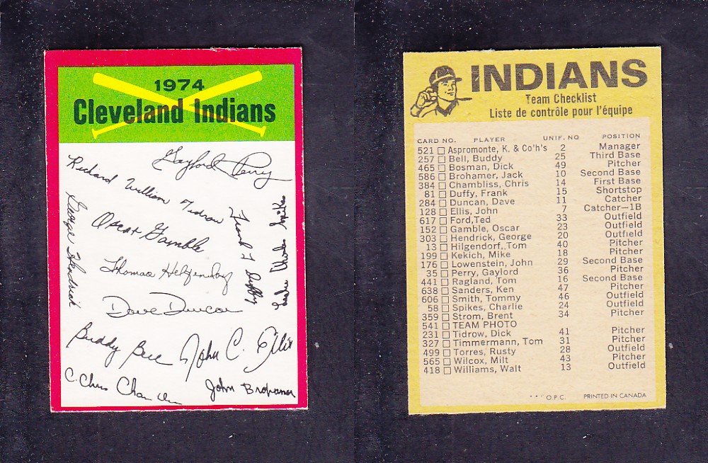1974 O-PEE-CHEE BASEBALL CARD TEAM CHECKLIST CLEVELAND INDIANS photo