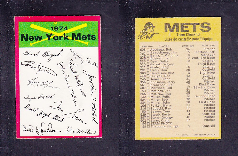 1974 O-PEE-CHEE BASEBALL CARD TEAM CHECKLIST NEW YORK METS photo