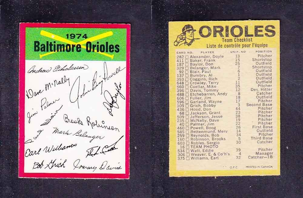 1974 O-PEE-CHEE BASEBALL CARD TEAM CHECKLIST BALTIMORE ORIOLES photo