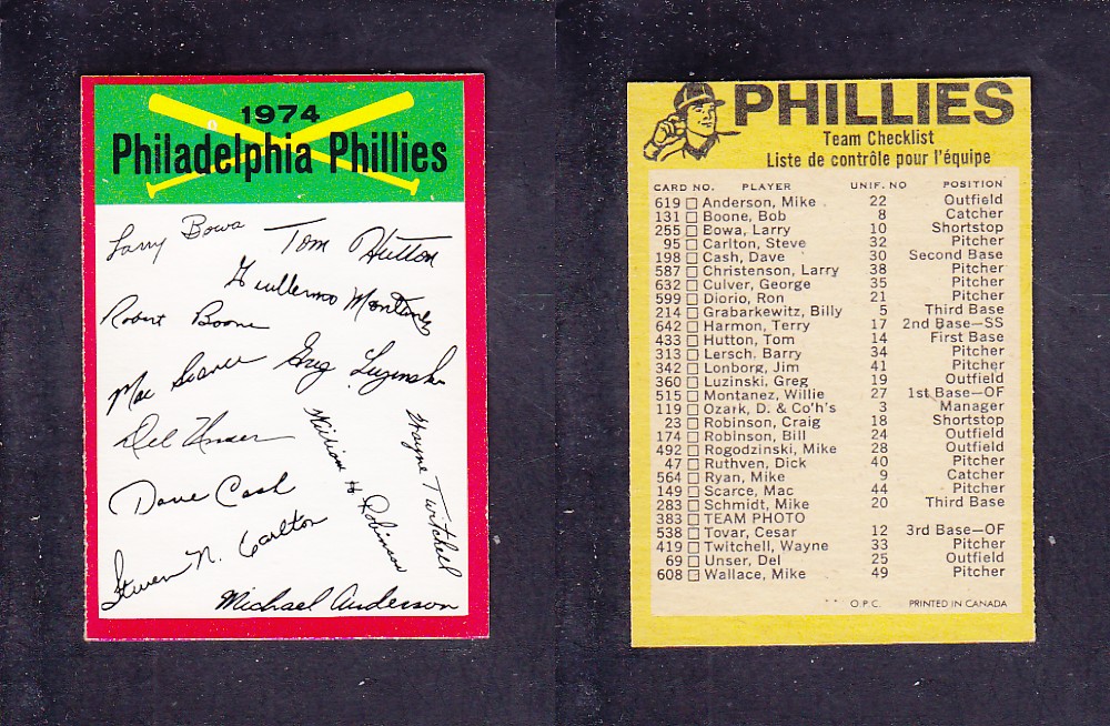 1974 O-PEE-CHEE BASEBALL CARD TEAM CHECKLIST PHILADELPHIA PHILLIES photo