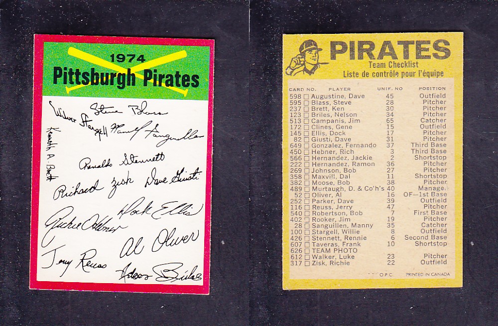 1974 O-PEE-CHEE BASEBALL CARD TEAM CHECKLIST PITTSBURGH PIRATES photo