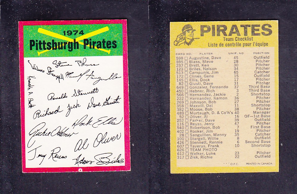 1974 O-PEE-CHEE BASEBALL CARD TEAM CHECKLIST PITTSBURGH PIRATES photo