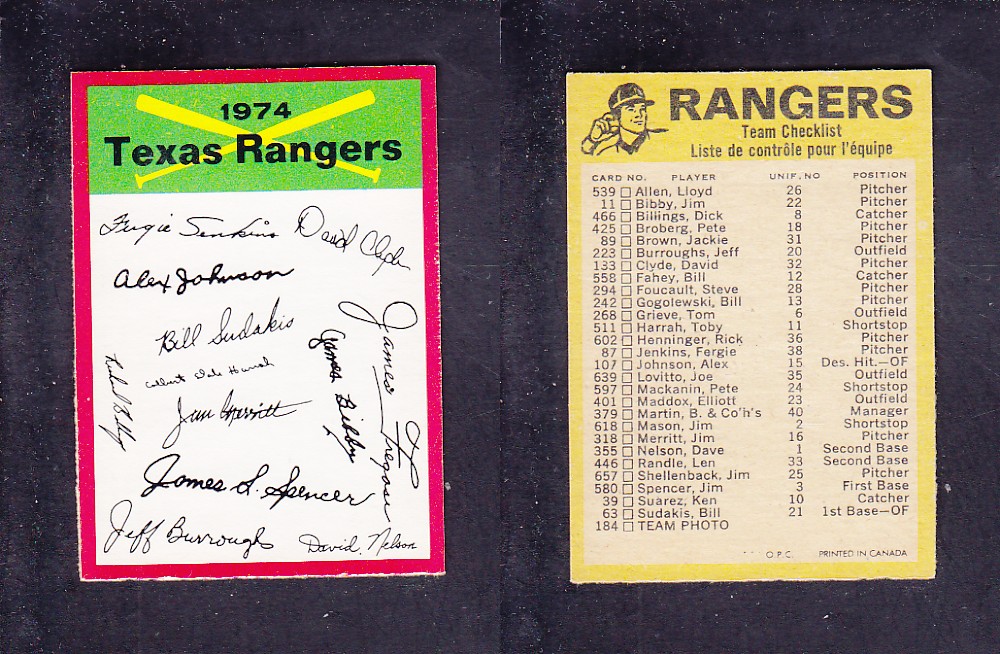 1974 O-PEE-CHEE BASEBALL CARD TEAM CHECKLIST TEXAS RANGERS photo