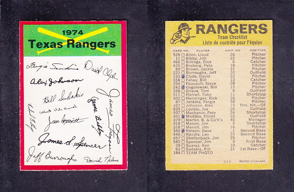 1974 O-PEE-CHEE BASEBALL CARD TEAM CHECKLIST TEXAS RANGERS photo