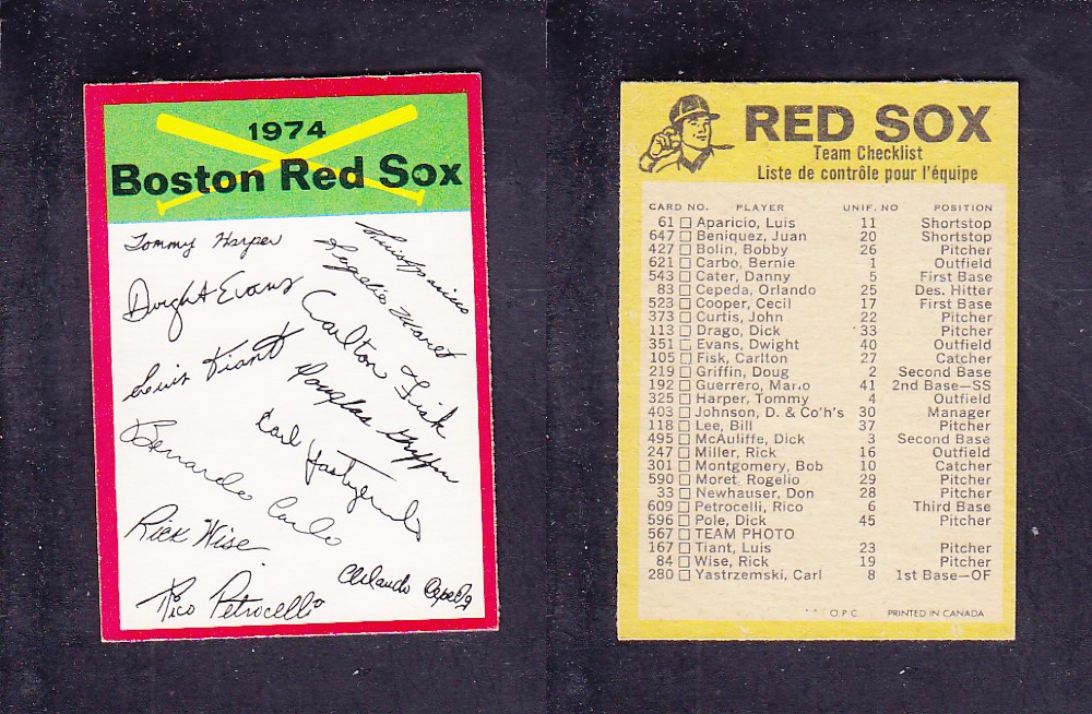 1974 O-PEE-CHEE BASEBALL CARD TEAM CHECKLIST BOSTON RED SOX photo