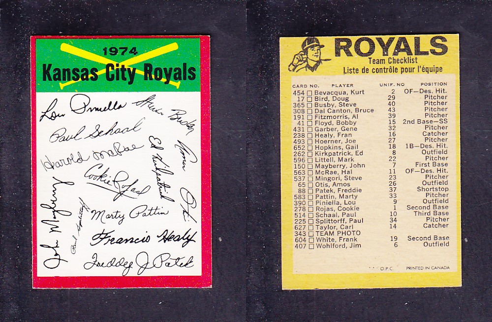 1974 O-PEE-CHEE BASEBALL CARD TEAM CHECKLIST KANSAS CITY ROYALS photo