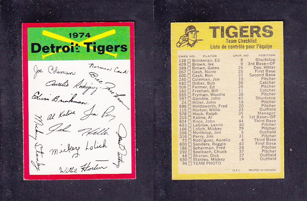 1974 O-PEE-CHEE BASEBALL CARD TEAM CHECKLIST DETROIT TIGERS photo