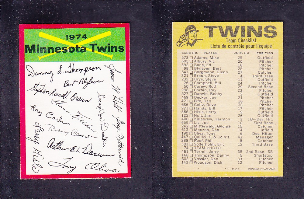 1974 O-PEE-CHEE BASEBALL CARD TEAM CHECKLIST MINNESOTA TWINS photo