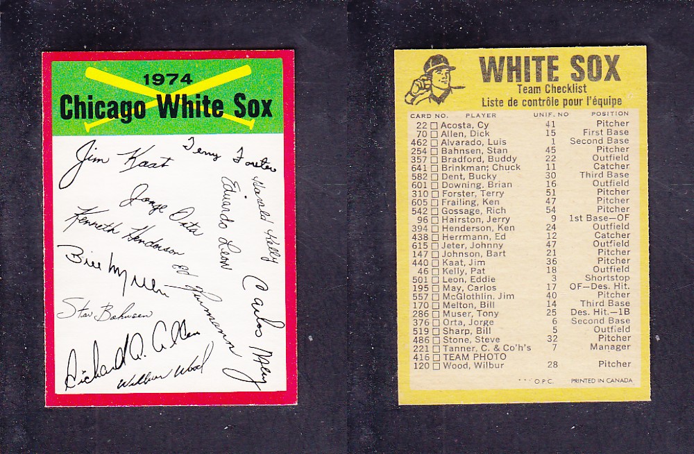 1974 O-PEE-CHEE BASEBALL CARD TEAM CHECKLIST CHICAGO WHITE SOX photo