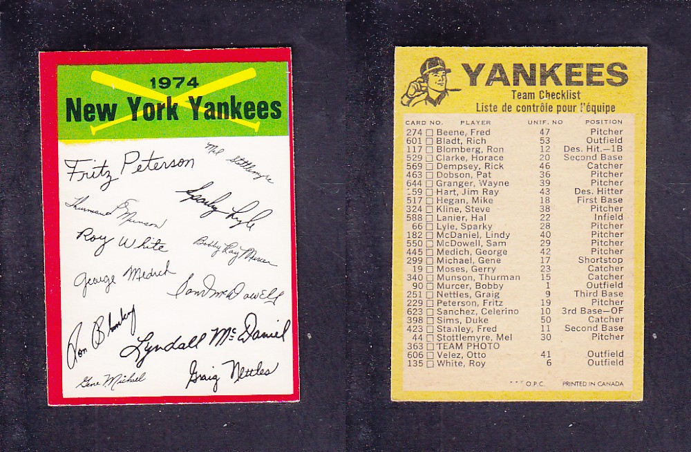 1974 O-PEE-CHEE BASEBALL CARD TEAM CHECKLIST NEW YORK YANKEES photo