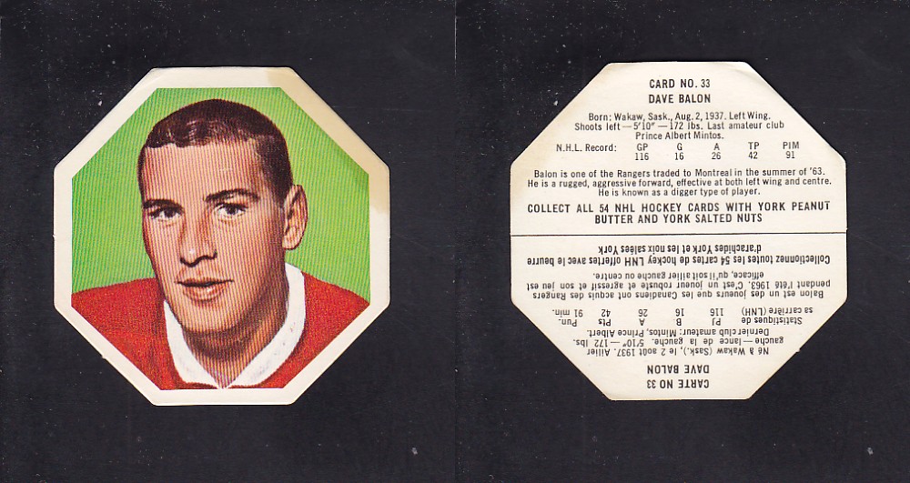 1963-64 YORK HOCKEY CARD #33 D. BALON photo