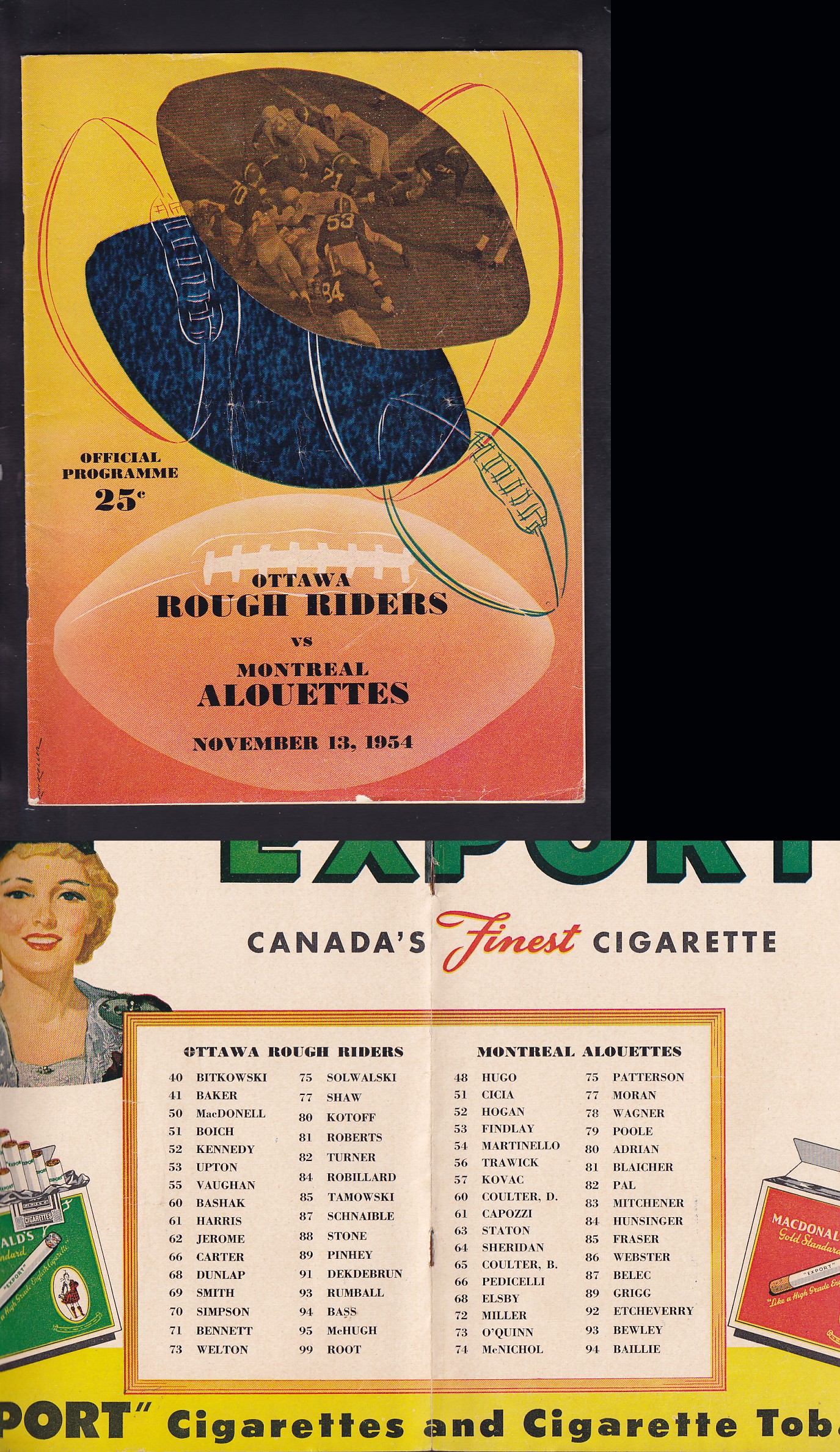 1954 CFL OTTAWA ROUGH RIDERS VS MONTREAL ALOUETTES PROGRAM photo