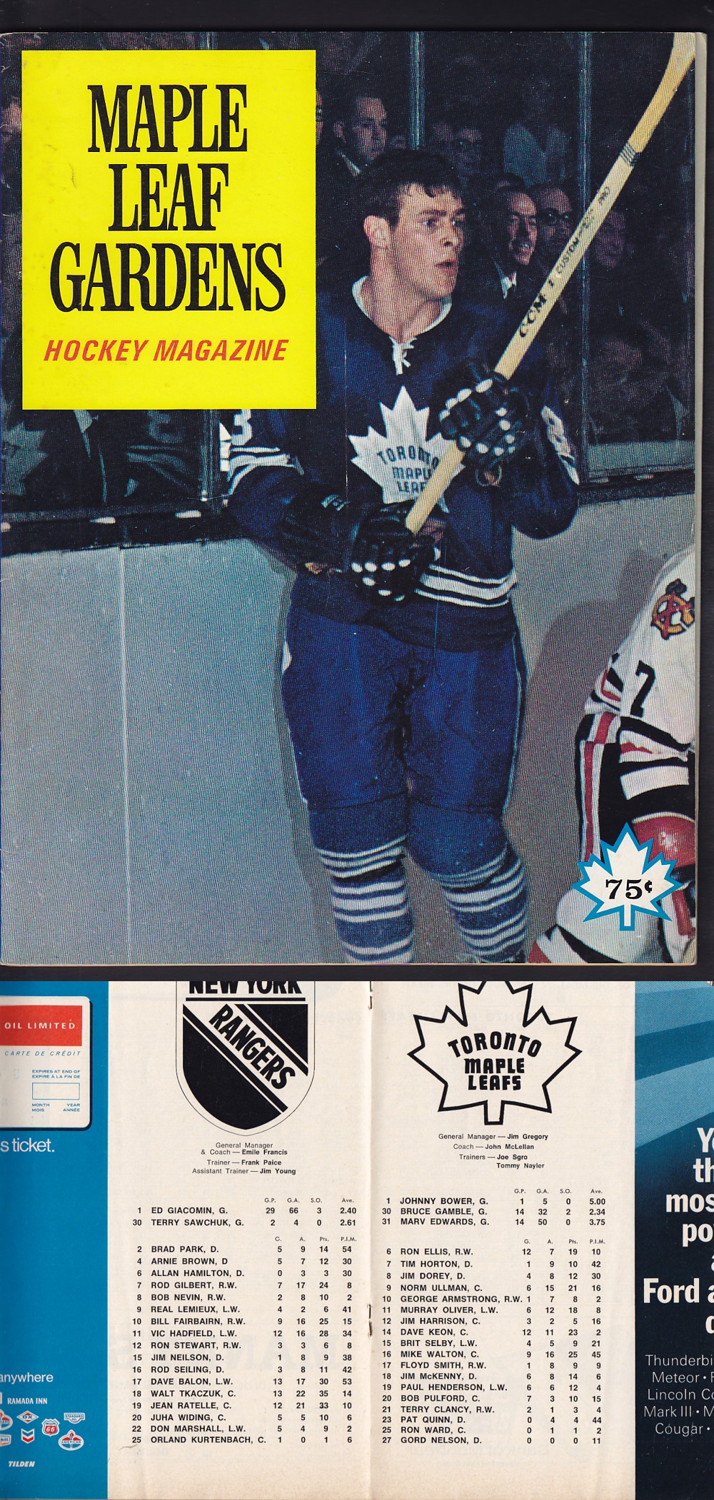 1969 TORONTO MAPLE LEAFS VS NY RANGERS PROGRAM photo