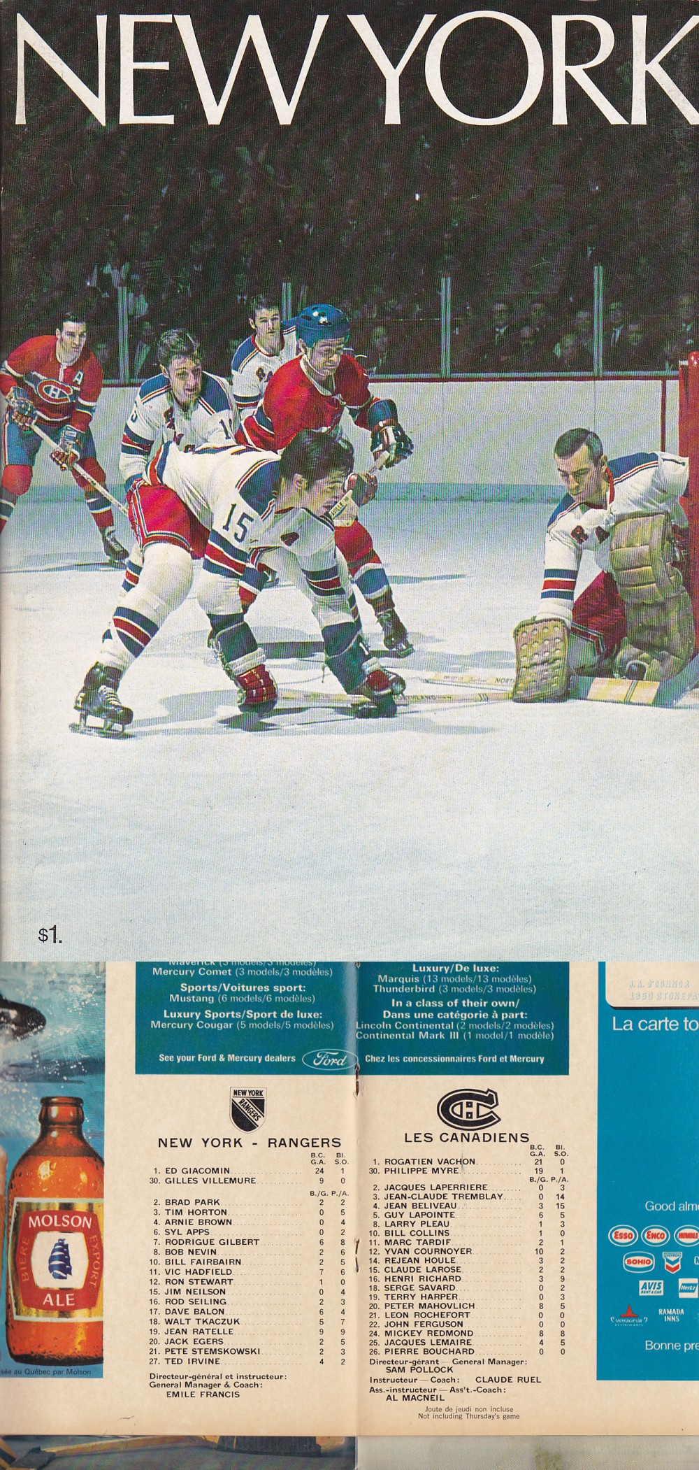 1970 MONTREAL CANADIENS VS NY RANGERS PROGRAM photo