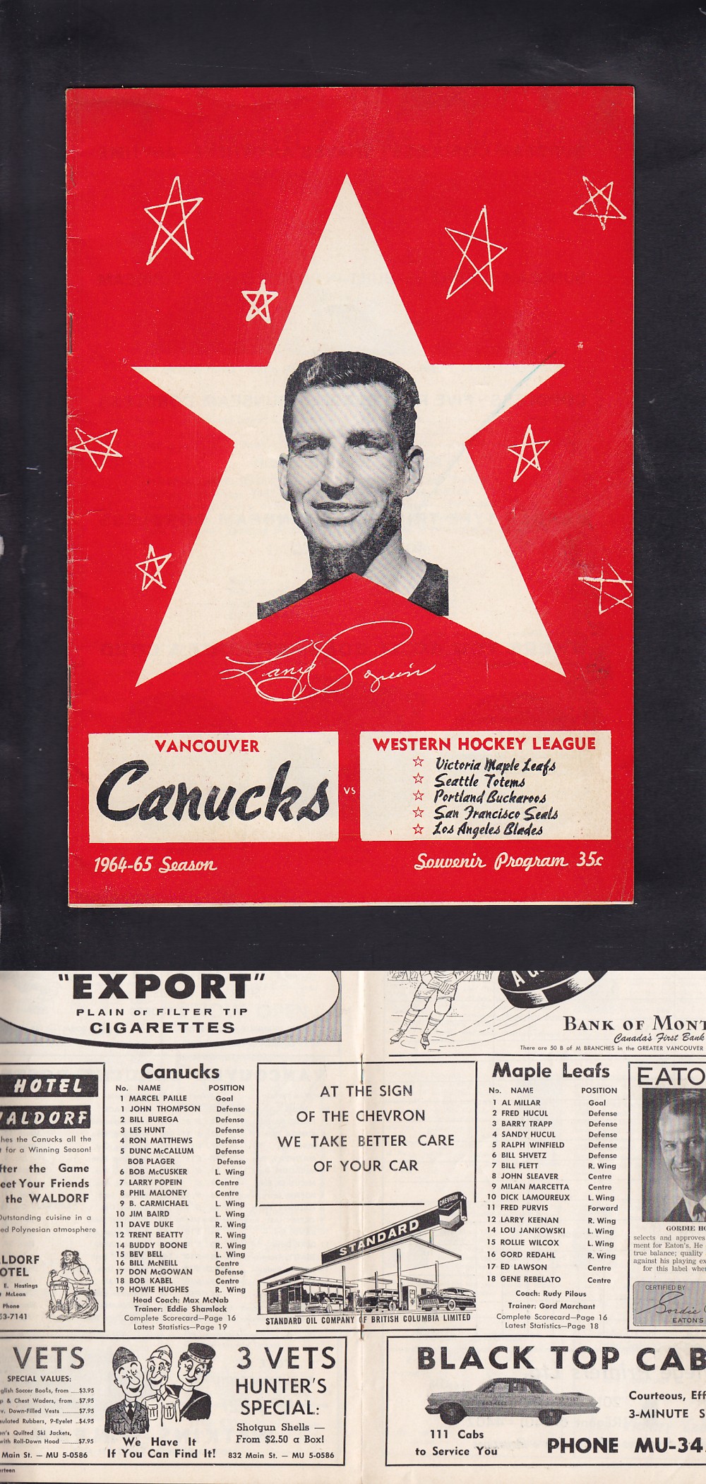 1964-65 VANCOUVER CANUCK VS VICTORIA MAPLE LEAFS PROGRAM photo
