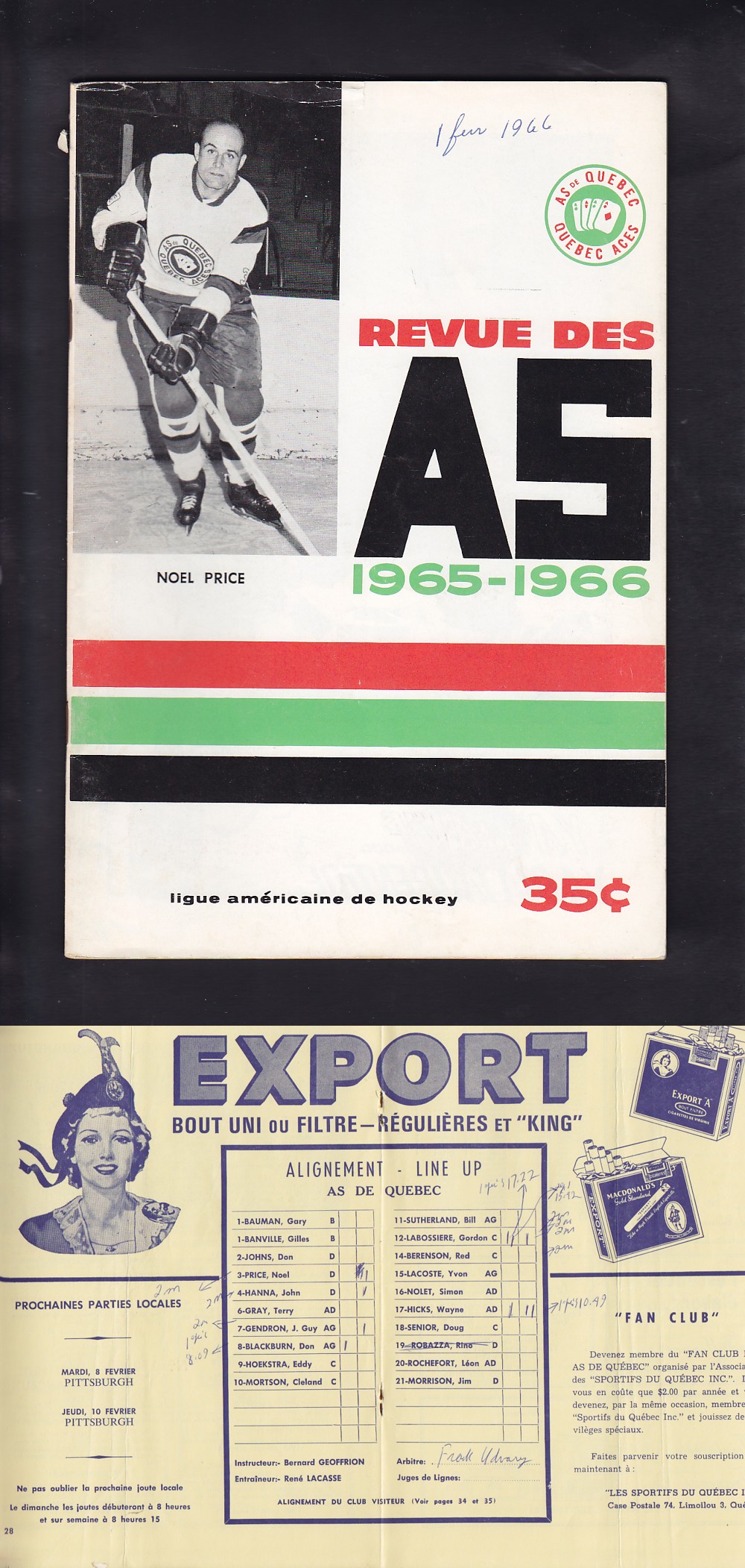 1966 QUEBEC ACES VS ROCHESTER AMERICANS PROGRAM photo