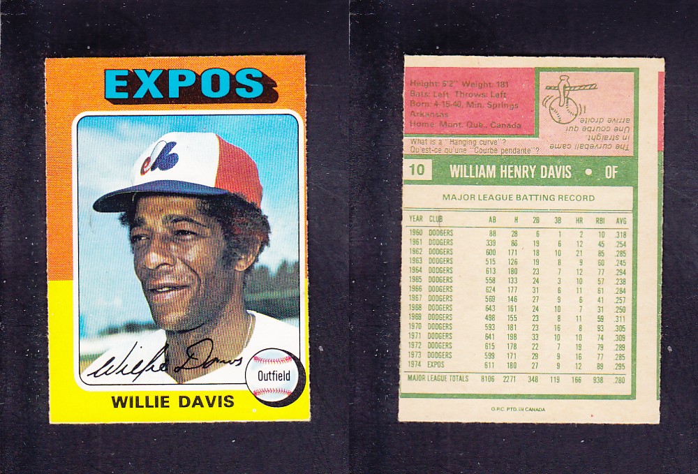 1975 O-PEE-CHEE BASEBALL CARD #10 W. DAVIS photo