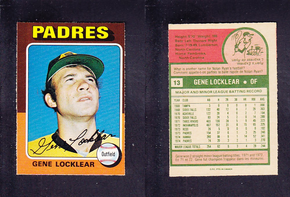 1975 O-PEE-CHEE BASEBALL CARD #13 G. LOCKLEAR photo
