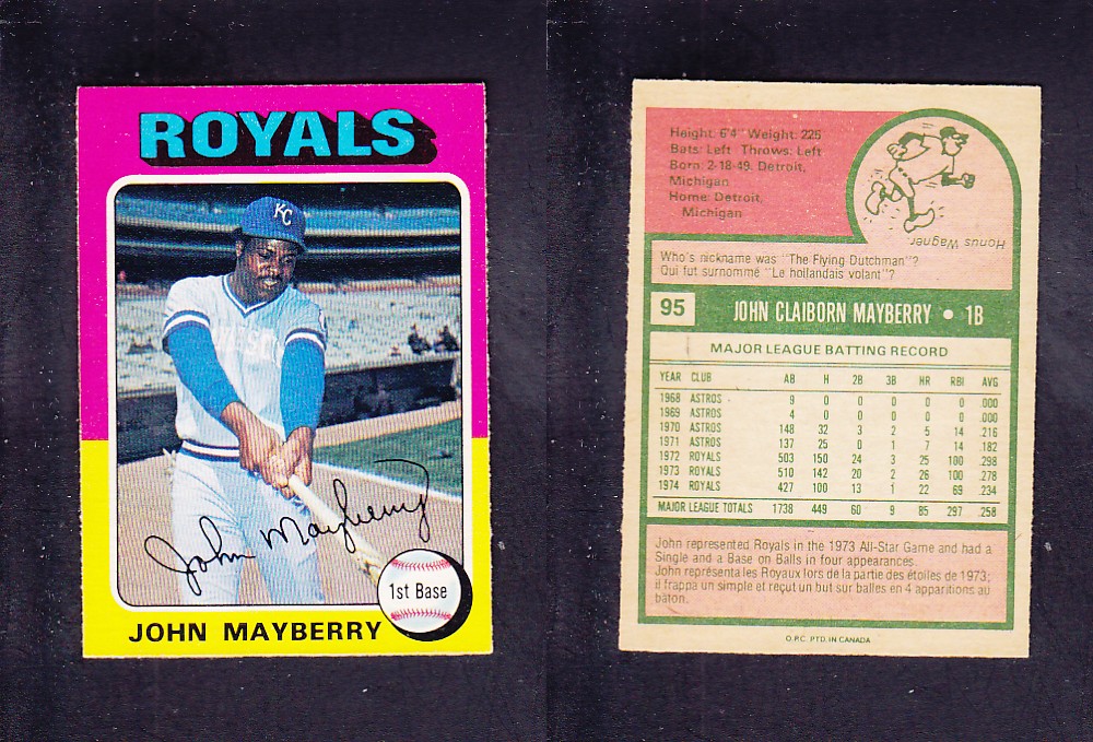 1975 O-PEE-CHEE BASEBALL CARD #95 J. MAYBERRY photo